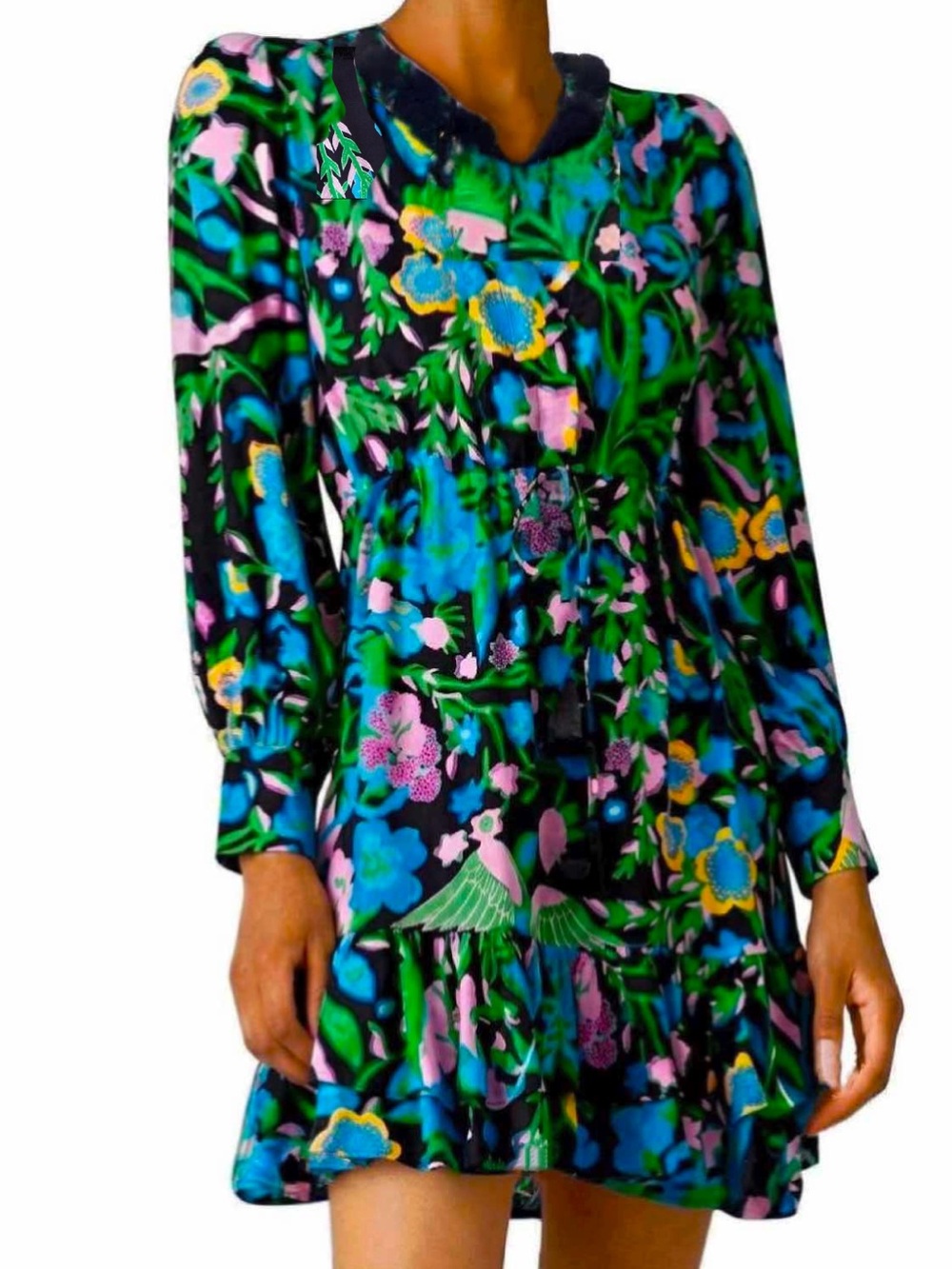 FIGUE Ella Ruffle Midi Dress - XS - Vibrant Birdsong Print & Pom Pom Details